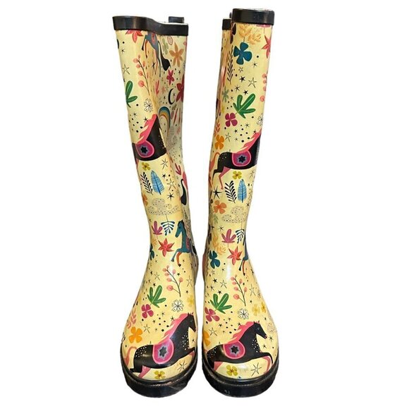 Lone Cone Rain Boots Tall Outdoor Matte Finish Fun Moroccan Horses Womens Size 5 - Picture 2 of 9
